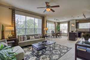 Three Bedroom Apartments for rent in San Antonio, TX - Model Living Room, Dining Room & Kitchen 